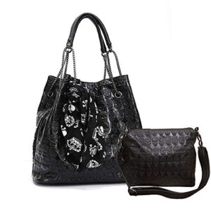 chikencall® womens skull print hobo tote pu leather shoulder bag punk handbag and purses 2 sets