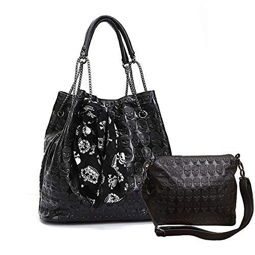 Chikencall® Womens Skull Print Hobo Tote PU Leather Shoulder Bag Punk Handbag and purses 2 sets