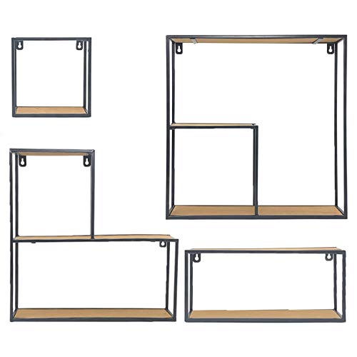 Allgala 4-PC Set Wall Mount Creativity Black Metal Frame Wood Finish Floating Shelves