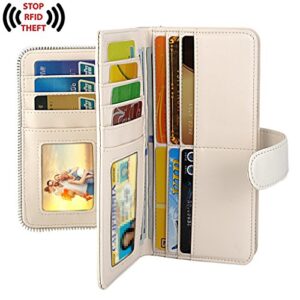 UTO Women PU Leather Wallet RFID Blocking Large Capacity 15 Card Slots Smartphone Holder Snap Closure D White