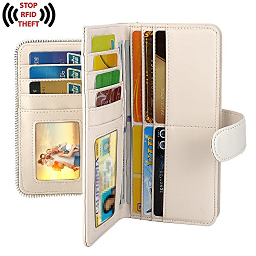 UTO Women PU Leather Wallet RFID Blocking Large Capacity 15 Card Slots Smartphone Holder Snap Closure D White