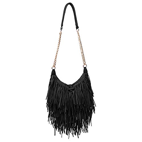 LUI SUI Women's Fashion Fringed Shoulder Bag Tassel Cross Body Bags (Black)