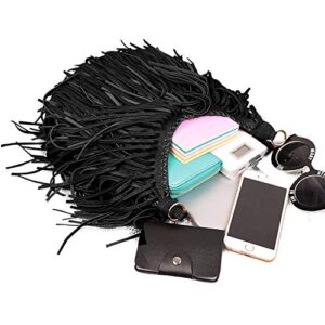 LUI SUI Women's Fashion Fringed Shoulder Bag Tassel Cross Body Bags (Black)