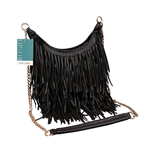 LUI SUI Women's Fashion Fringed Shoulder Bag Tassel Cross Body Bags (Black)