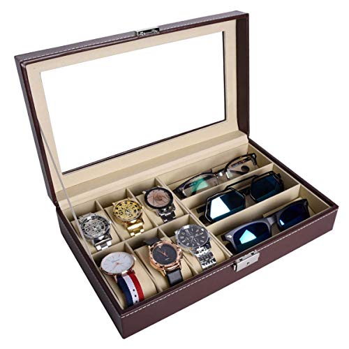 AUTOARK Leather 6 Watch Box Jewelry Case and 3 Piece Eyeglasses Storage and Sunglass Glasses Display Case Organizer,Brown,AW-020