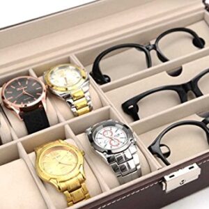 AUTOARK Leather 6 Watch Box Jewelry Case and 3 Piece Eyeglasses Storage and Sunglass Glasses Display Case Organizer,Brown,AW-020