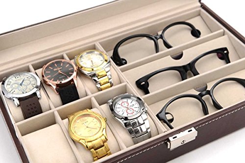 AUTOARK Leather 6 Watch Box Jewelry Case and 3 Piece Eyeglasses Storage and Sunglass Glasses Display Case Organizer,Brown,AW-020