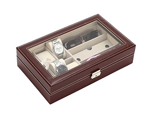 AUTOARK Leather 6 Watch Box Jewelry Case and 3 Piece Eyeglasses Storage and Sunglass Glasses Display Case Organizer,Brown,AW-020