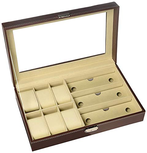 AUTOARK Leather 6 Watch Box Jewelry Case and 3 Piece Eyeglasses Storage and Sunglass Glasses Display Case Organizer,Brown,AW-020