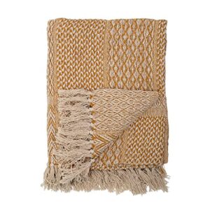 bloomingville yellow knit fringe pattern cotton blend throw, 63″ x 51″