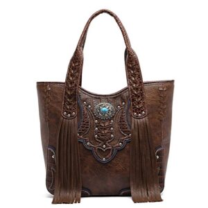 western handbag – classic concho embossed concealed carry tote bag with fringe