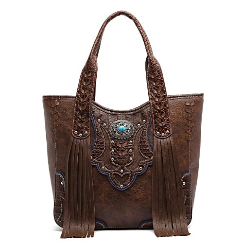 Western Handbag - Classic Concho Embossed Concealed Carry Tote Bag with Fringe