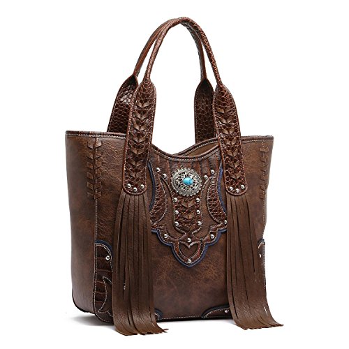 Western Handbag - Classic Concho Embossed Concealed Carry Tote Bag with Fringe