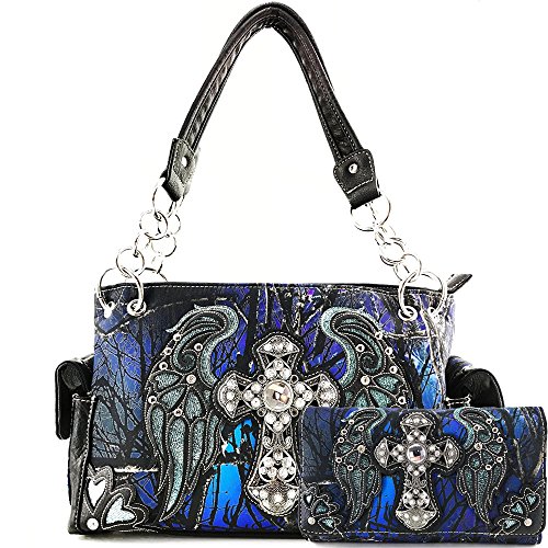 Justin West Camouflage Tree Branches Bling Rhinestone Cross Wings Handbag Purse Messenger Bags and Wallets (Blue Cross Handbag and Wallet)