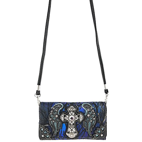 Justin West Camouflage Tree Branches Bling Rhinestone Cross Wings Handbag Purse Messenger Bags and Wallets (Blue Cross Handbag and Wallet)