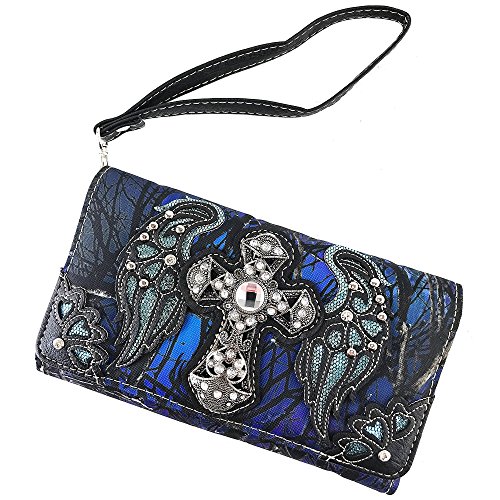 Justin West Camouflage Tree Branches Bling Rhinestone Cross Wings Handbag Purse Messenger Bags and Wallets (Blue Cross Handbag and Wallet)