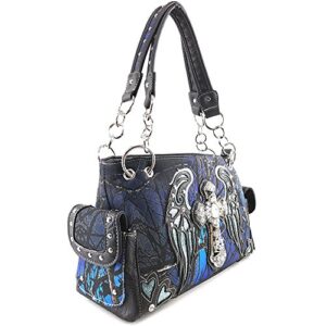 Justin West Camouflage Tree Branches Bling Rhinestone Cross Wings Handbag Purse Messenger Bags and Wallets (Blue Cross Handbag and Wallet)