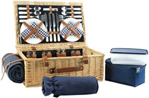 large willow picnic basket with deluxe service set for 4 persons, natural wicker picnic hamper with food cooler, wine cooler, free fleece blanket and tableware – best gift for father mother