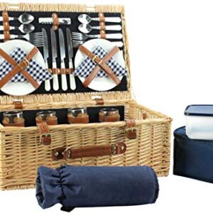 Large Willow Picnic Basket with Deluxe Service Set for 4 Persons, Natural Wicker Picnic Hamper with Food Cooler, Wine Cooler, Free Fleece Blanket and Tableware - Best Gift for Father Mother