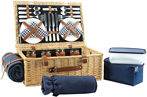 Large Willow Picnic Basket with Deluxe Service Set for 4 Persons, Natural Wicker Picnic Hamper with Food Cooler, Wine Cooler, Free Fleece Blanket and Tableware - Best Gift for Father Mother