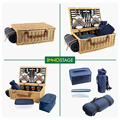 Large Willow Picnic Basket with Deluxe Service Set for 4 Persons, Natural Wicker Picnic Hamper with Food Cooler, Wine Cooler, Free Fleece Blanket and Tableware - Best Gift for Father Mother
