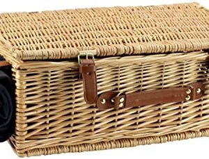 Large Willow Picnic Basket with Deluxe Service Set for 4 Persons, Natural Wicker Picnic Hamper with Food Cooler, Wine Cooler, Free Fleece Blanket and Tableware - Best Gift for Father Mother