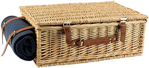 Large Willow Picnic Basket with Deluxe Service Set for 4 Persons, Natural Wicker Picnic Hamper with Food Cooler, Wine Cooler, Free Fleece Blanket and Tableware - Best Gift for Father Mother
