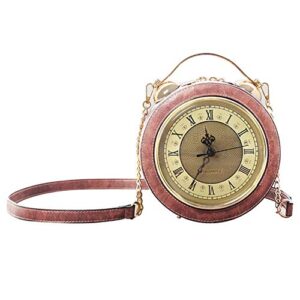 clock bag real working,vintage crossbody messenger bag, steampunk style shape leather bag circular handbag chain shoulder female bag (pink)