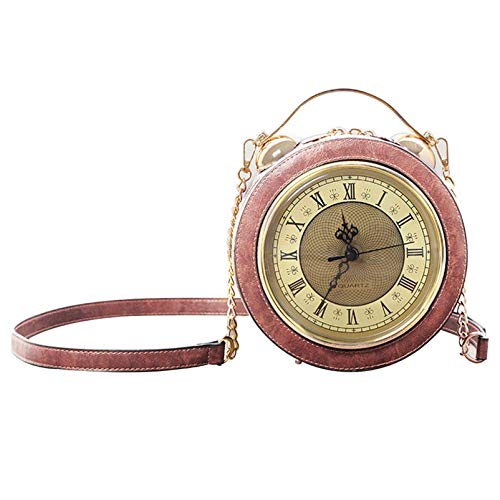 Clock Bag Real Working,Vintage Crossbody Messenger Bag, SteamPunk Style Shape Leather Bag Circular Handbag Chain Shoulder Female bag (Pink)