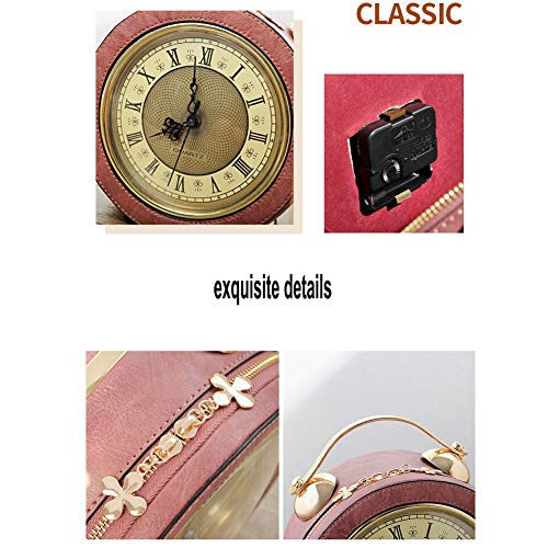 Clock Bag Real Working,Vintage Crossbody Messenger Bag, SteamPunk Style Shape Leather Bag Circular Handbag Chain Shoulder Female bag (Pink)