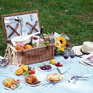 Wicker Picnic Basket Set for 4 Persons | Large Willow Hamper with Large Insulated Cooler Compartment, Free Waterproof Blanket and Cutlery Service Kit-Classical Brown