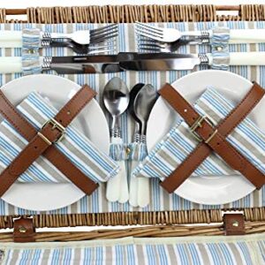 Wicker Picnic Basket Set for 4 Persons | Large Willow Hamper with Large Insulated Cooler Compartment, Free Waterproof Blanket and Cutlery Service Kit-Classical Brown