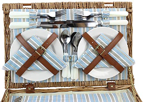 Wicker Picnic Basket Set for 4 Persons | Large Willow Hamper with Large Insulated Cooler Compartment, Free Waterproof Blanket and Cutlery Service Kit-Classical Brown