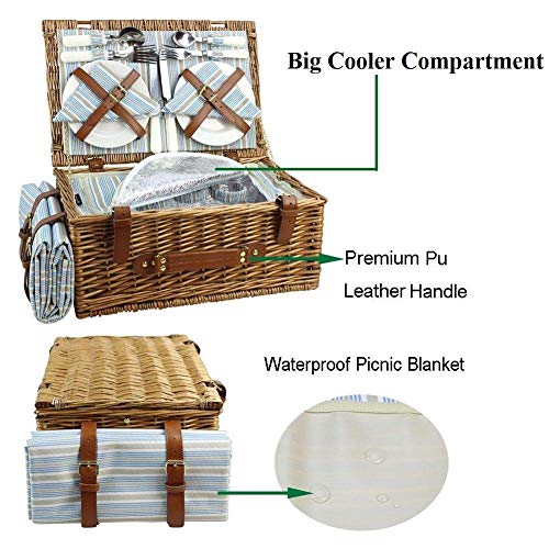 Wicker Picnic Basket Set for 4 Persons | Large Willow Hamper with Large Insulated Cooler Compartment, Free Waterproof Blanket and Cutlery Service Kit-Classical Brown