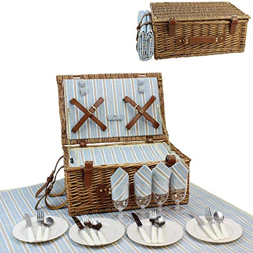 Wicker Picnic Basket Set for 4 Persons | Large Willow Hamper with Large Insulated Cooler Compartment, Free Waterproof Blanket and Cutlery Service Kit-Classical Brown