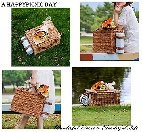 Wicker Picnic Basket Set for 4 Persons | Large Willow Hamper with Large Insulated Cooler Compartment, Free Waterproof Blanket and Cutlery Service Kit-Classical Brown