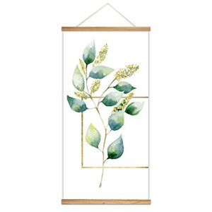 wall26 – hanging poster with wood frames – watercolor painting style leaves – ready to hang decorative wall art – 18″x36″