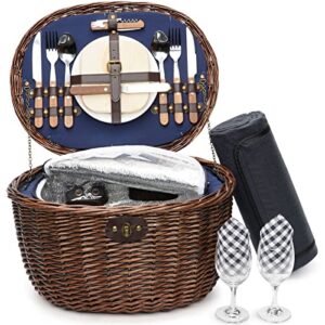 unique willow picnic basket for 2 persons, natural wicker picnic hamper with service set and insulated cooler bag – best gifts for father mother