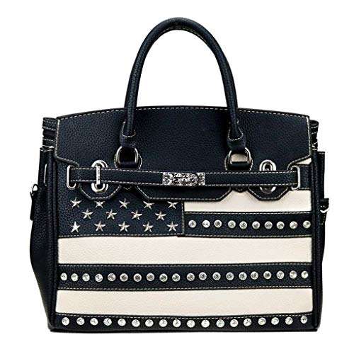 Montana West Western Bling Collection Satchel Handbag Top Handle Purse Concealed Carry (Black Spiritual Cross Patriotic)