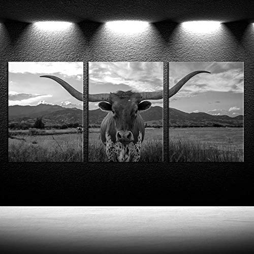 iKNOW FOTO Farm Animals Art Prints Black and White Highland Cattle with Long Horns Picture Printed on Canvas Painting for Home Decor Modern Living Room Decorations Framed Ready to Hang 12x16inchx3pcs