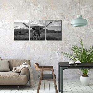 iKNOW FOTO Farm Animals Art Prints Black and White Highland Cattle with Long Horns Picture Printed on Canvas Painting for Home Decor Modern Living Room Decorations Framed Ready to Hang 12x16inchx3pcs