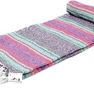 Open Road Goods Light Pastel Mexican Falsa Blanket - Pink Grey Purple and Mint/Teal - Great as a Beach Blanket, Picnic Blanket, Yoga Blanket, or a Throw! Handwoven