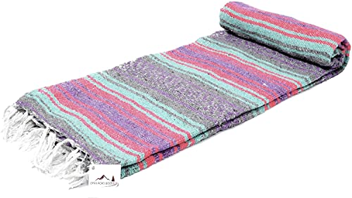 Open Road Goods Light Pastel Mexican Falsa Blanket - Pink Grey Purple and Mint/Teal - Great as a Beach Blanket, Picnic Blanket, Yoga Blanket, or a Throw! Handwoven