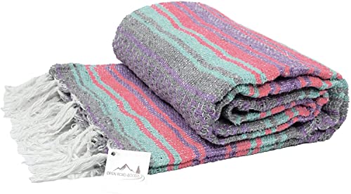 Open Road Goods Light Pastel Mexican Falsa Blanket - Pink Grey Purple and Mint/Teal - Great as a Beach Blanket, Picnic Blanket, Yoga Blanket, or a Throw! Handwoven