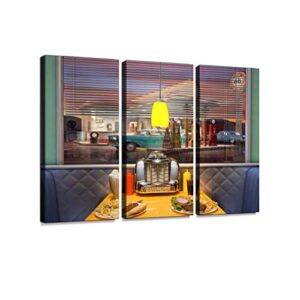 Retro Diner Interior 3 Pieces Print On Canvas Wall Artwork Modern Photography Home Decor Unique Pattern Stretched and Framed 3 Piece