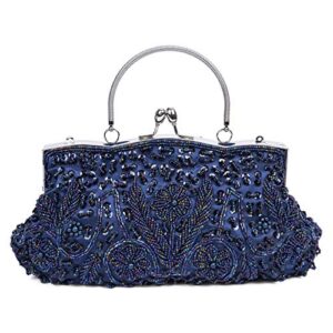 LIFEWISH Women's Evening Bag Beaded Sequin Design Metal Frame Kissing Lock Satin Interior Evening Clutch