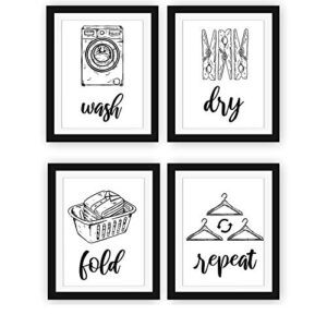 modern 5th laundry room signs (set of 4 unframed – 8 x 10 inches), wash dry fold repeat, typography wall art decor prints, black and white print unframed