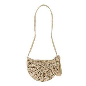 rebecca women girl straw woven shoulder bag beach crochet envelope crossbody bag vacation tassels handbag (beige)