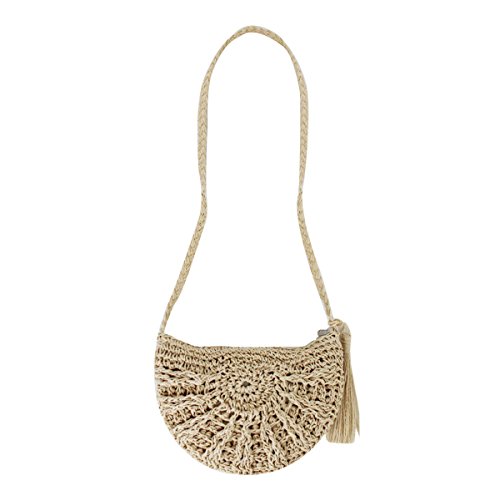 Rebecca Women Girl Straw Woven Shoulder Bag Beach Crochet Envelope Crossbody Bag Vacation Tassels Handbag (Beige)