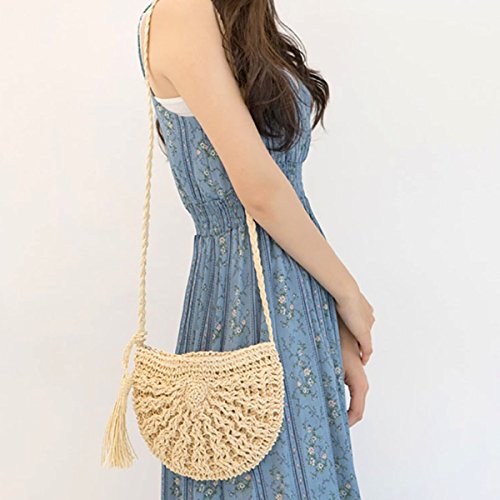 Rebecca Women Girl Straw Woven Shoulder Bag Beach Crochet Envelope Crossbody Bag Vacation Tassels Handbag (Beige)